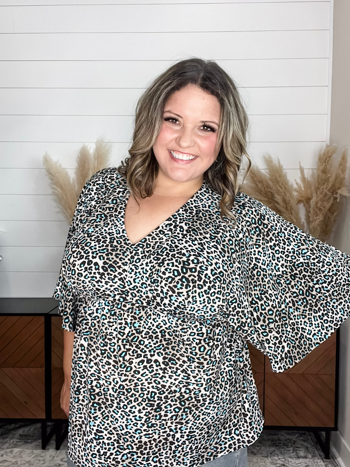 Dear Scarlett "Not This Time" Animal Print V Neck 3/4 Bell Sleeve