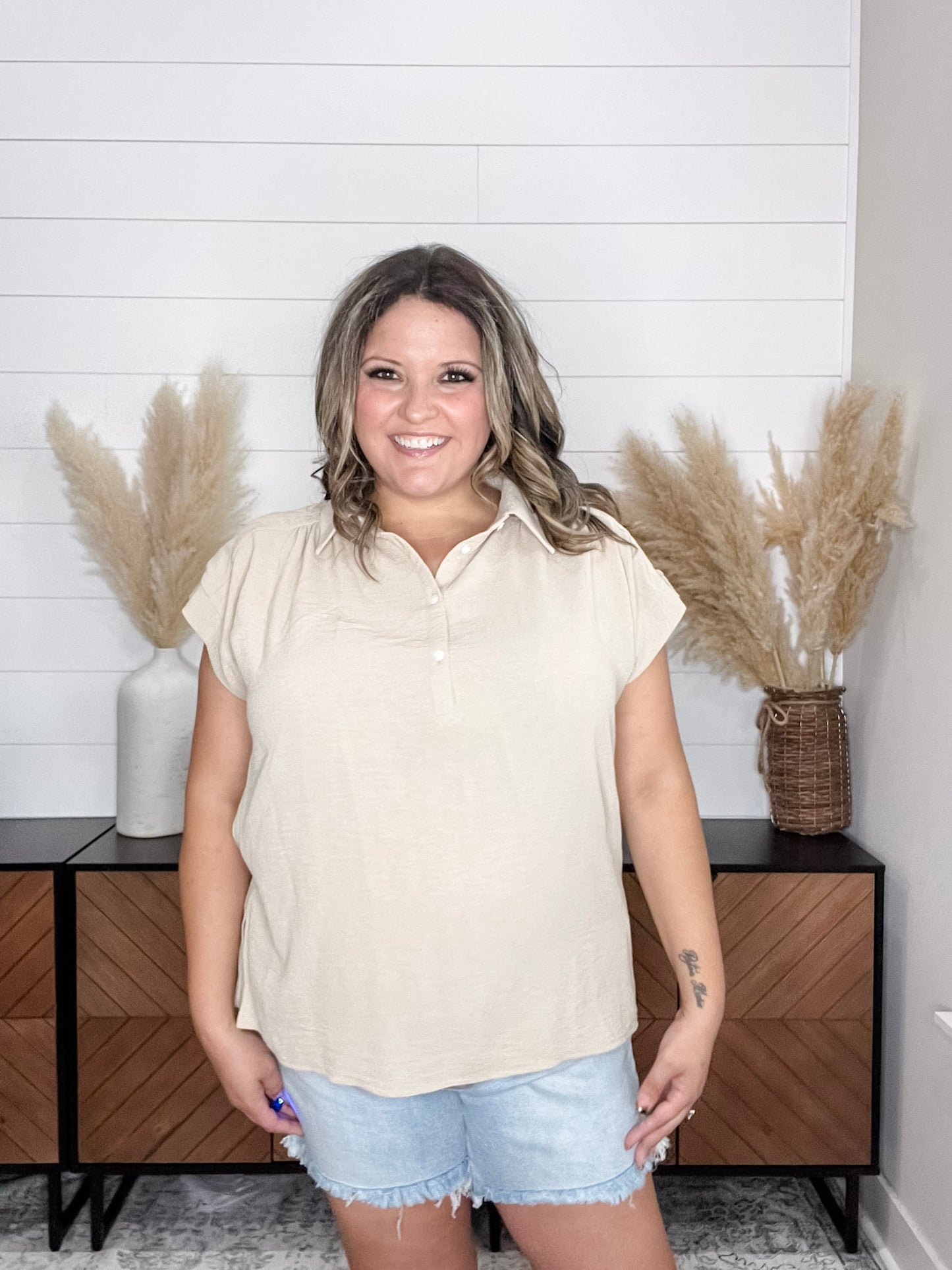 "Bailee" Collared Cap Sleeve Blouse with Front Buttons (Taupe)