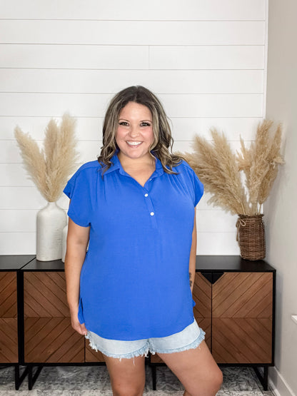 "Bailee" Collared Cap Sleeve Blouse with Front Buttons (Royal Blue)