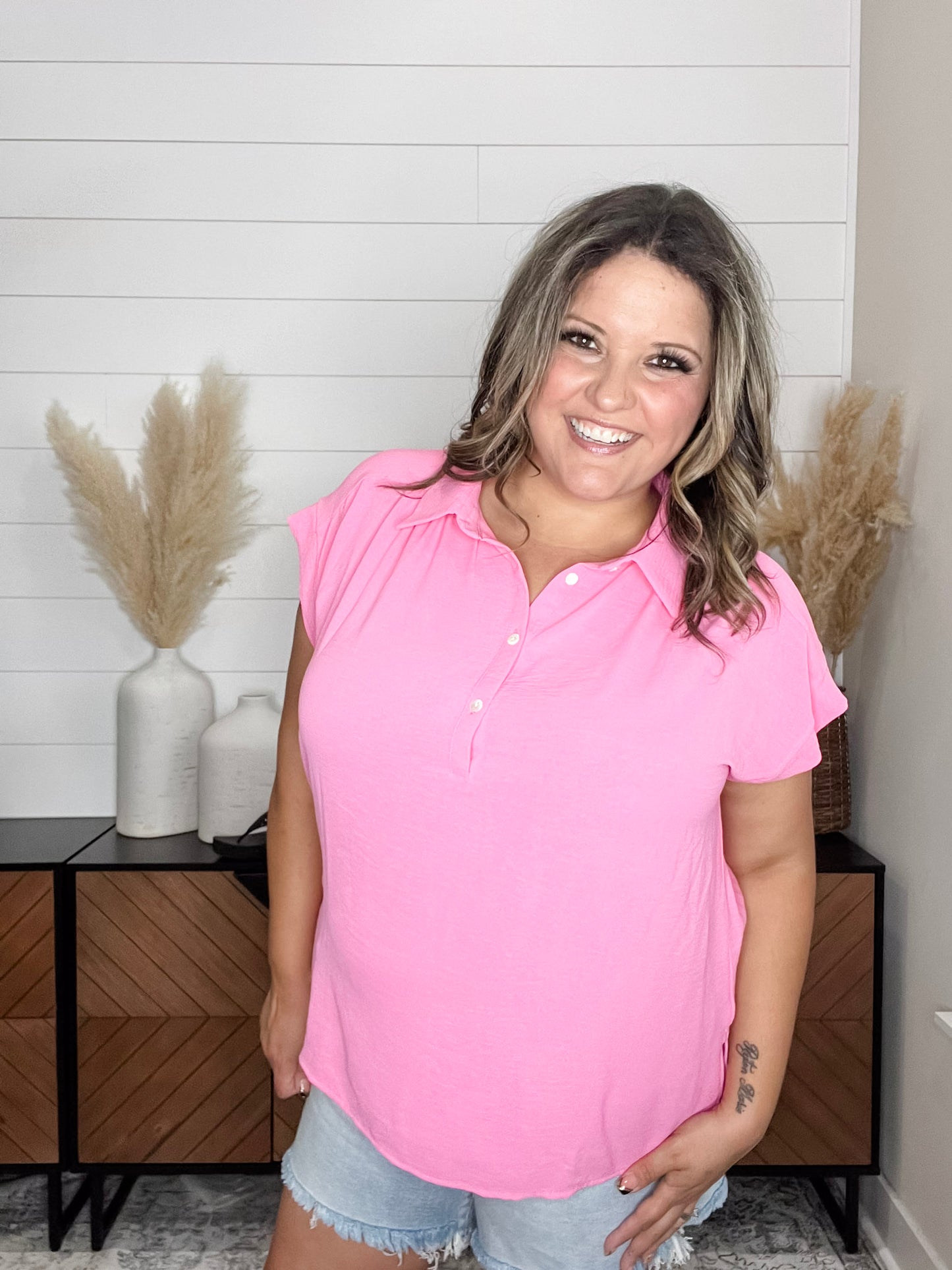 "Bailee" Collared Cap Sleeve Blouse with Front Buttons (Pink Cosmos)