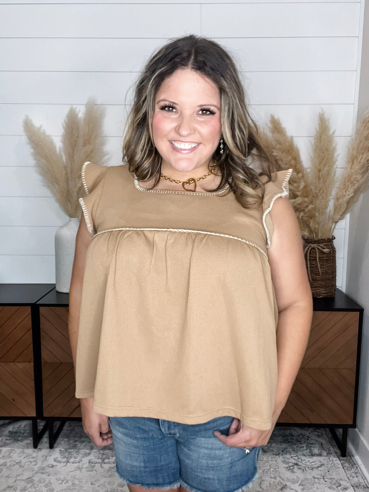 "Bridges" Ruffle Cap Square Neck Top