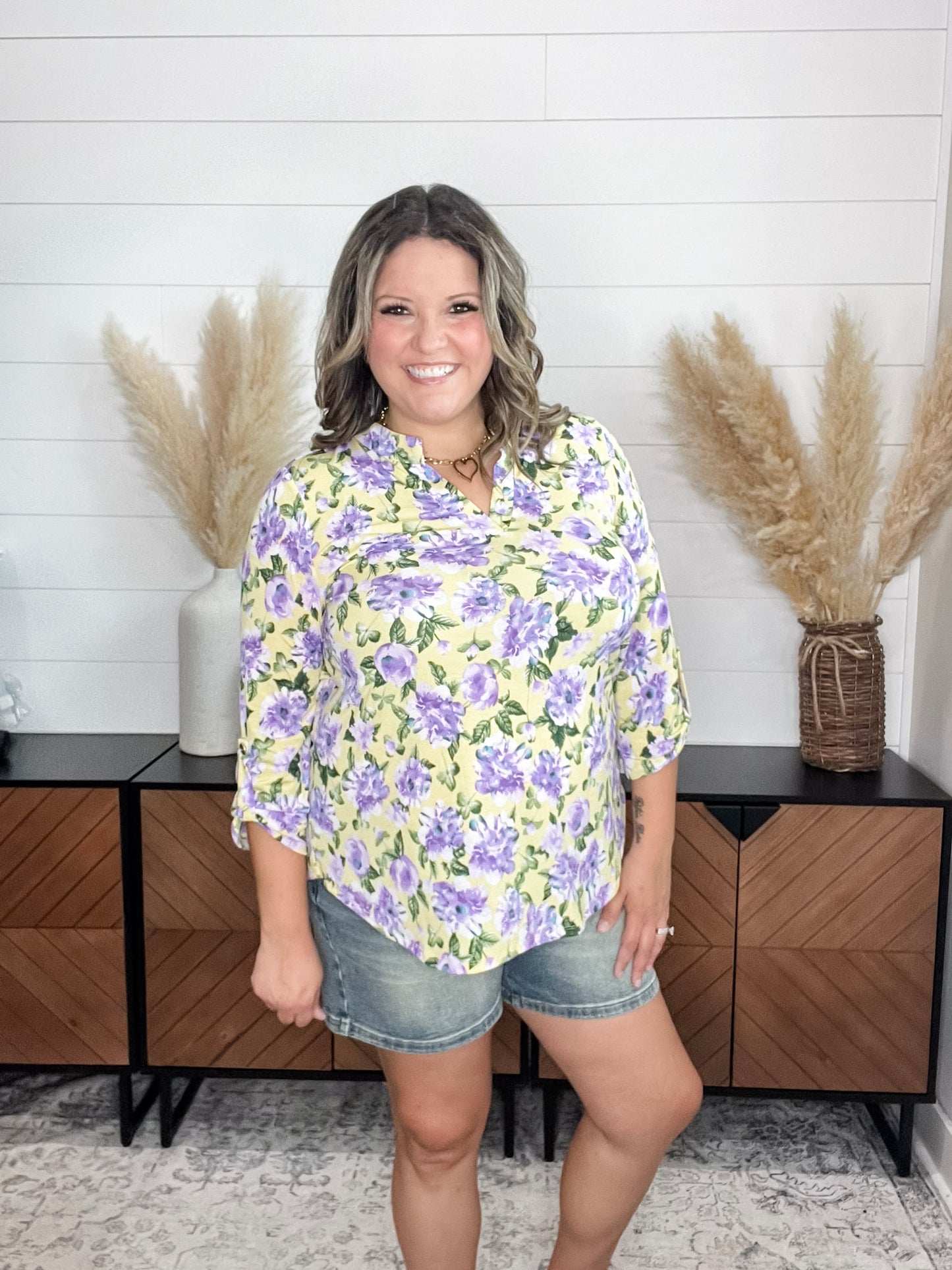 "Stealthy" Floral 3/4 Sleeve Split Neck Tops
