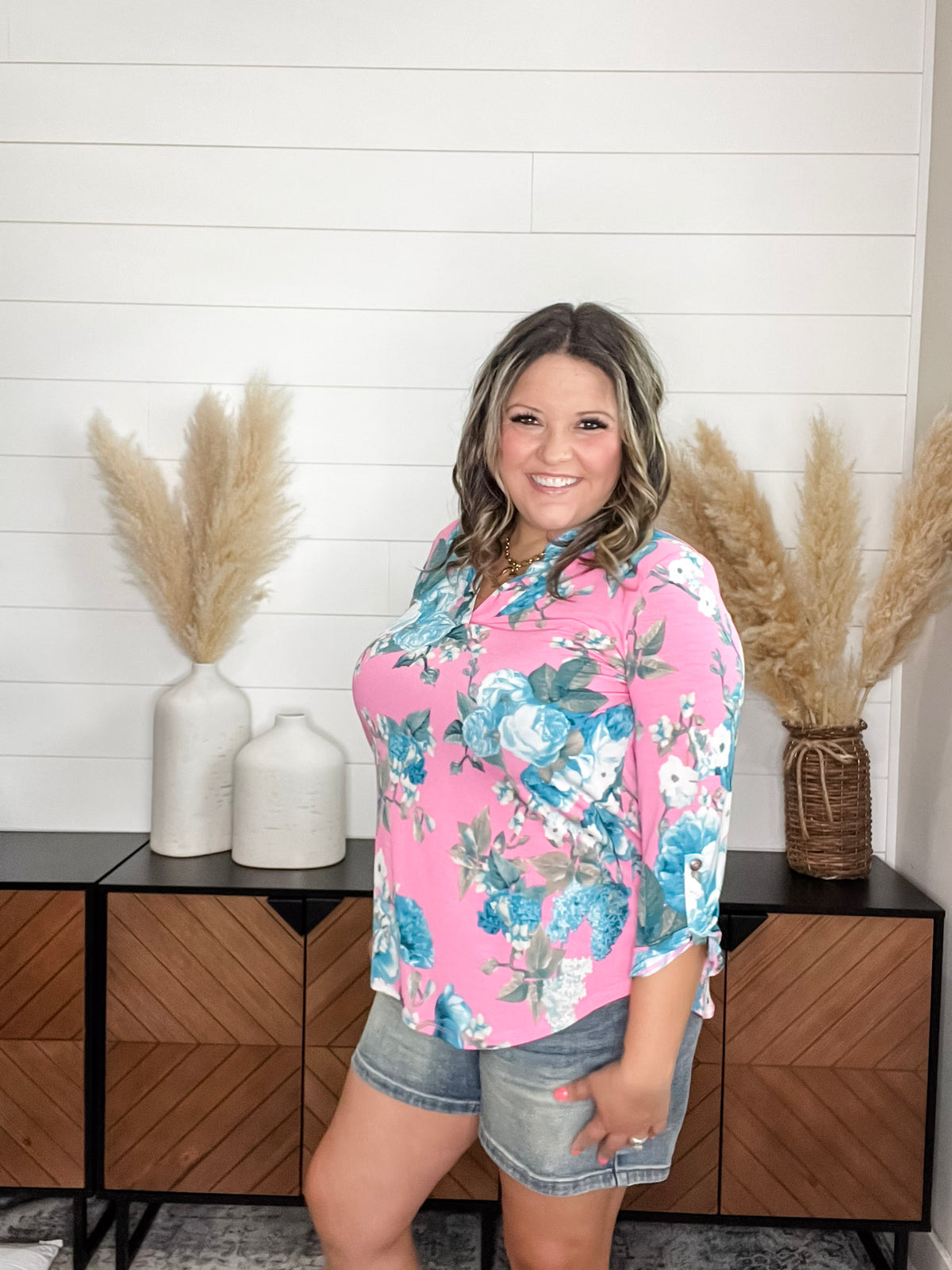 Dear Scarlett "Liaison" Floral 3/4 Sleeve Split Neck Tops