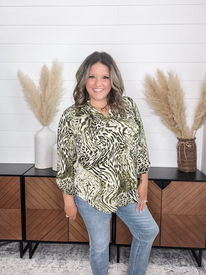 "Beliefs" Animal Print Lizzy 3/4 Sleeve Split Neck