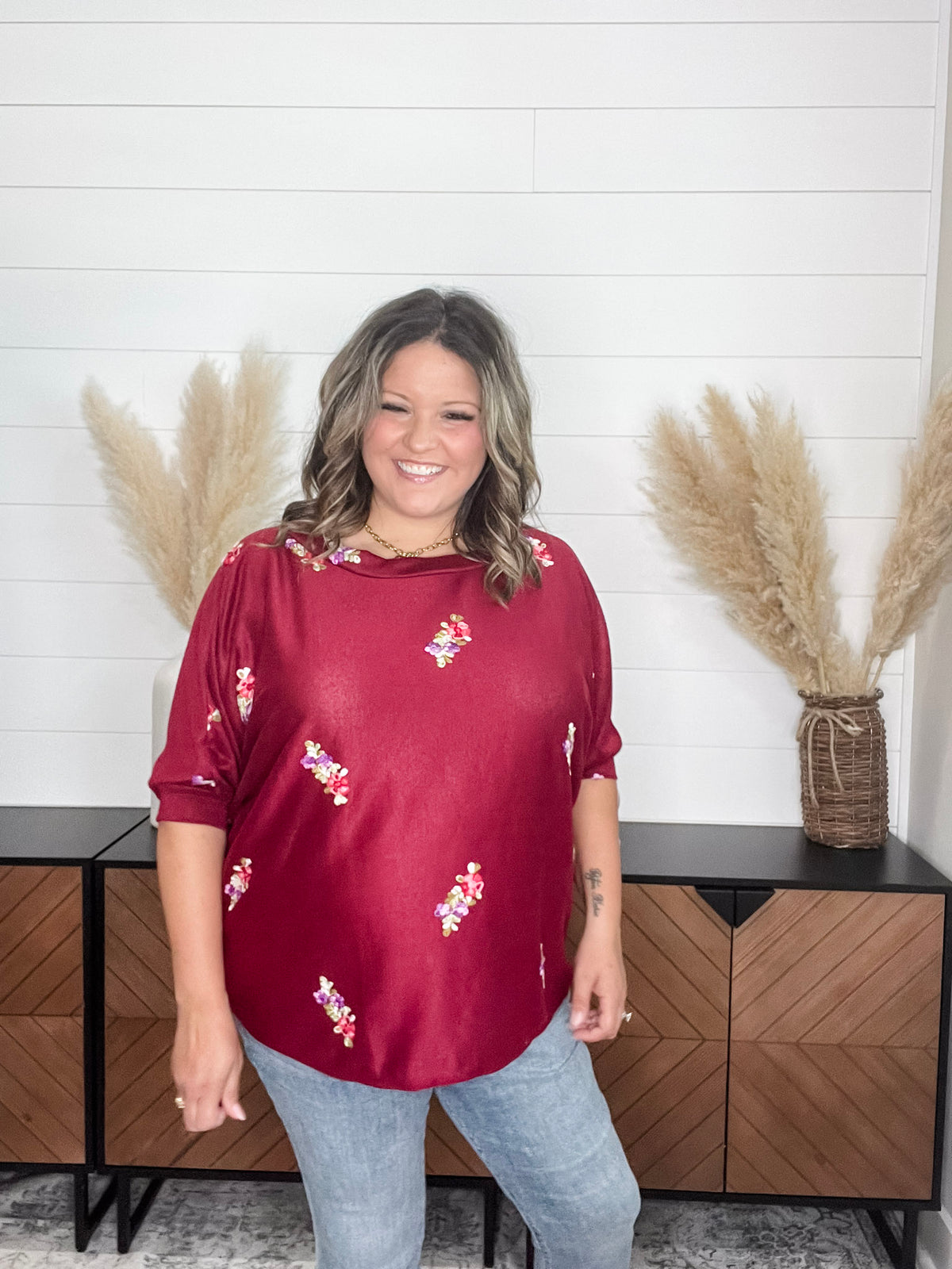 Dear Scarlett "Deceptive" Floral Embroidered Short Sleeve Dolman with Cuff and Collar (Wine)
