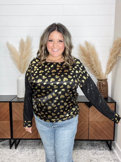 "Golden" Long Sequin Sleeved Top with Foil Hearts