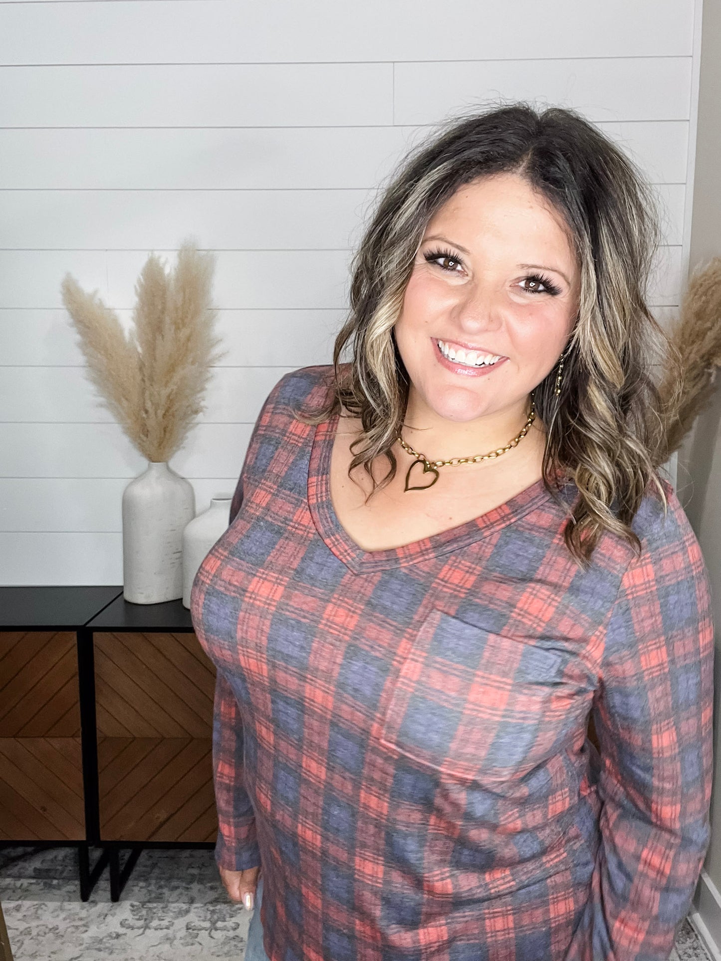 "In To It" Long Sleeve Plaid V Neck with Chest Pocket