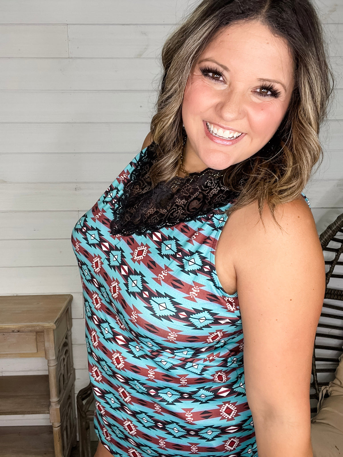 "Turner" Aztec Print Lace Detail Tank