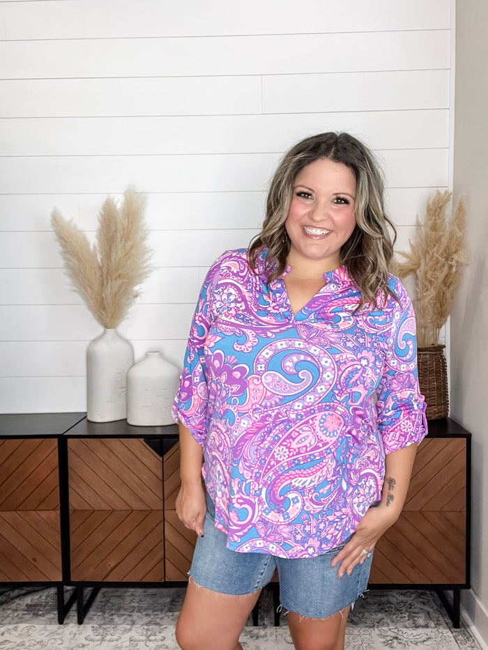 Dear Scarlett "Covert" Paisley 3/4 Sleeve Split Neck Tops