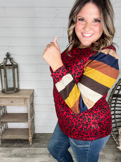 "Well Ok" Long Sleeve Animal Print with Stripe Accent