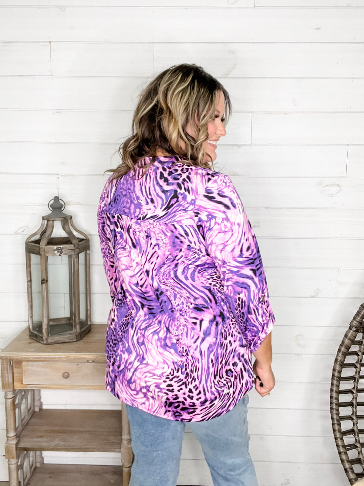 Dear Scarlett "Memo" Animal Print Lizzy 3/4 Sleeve Split Neck