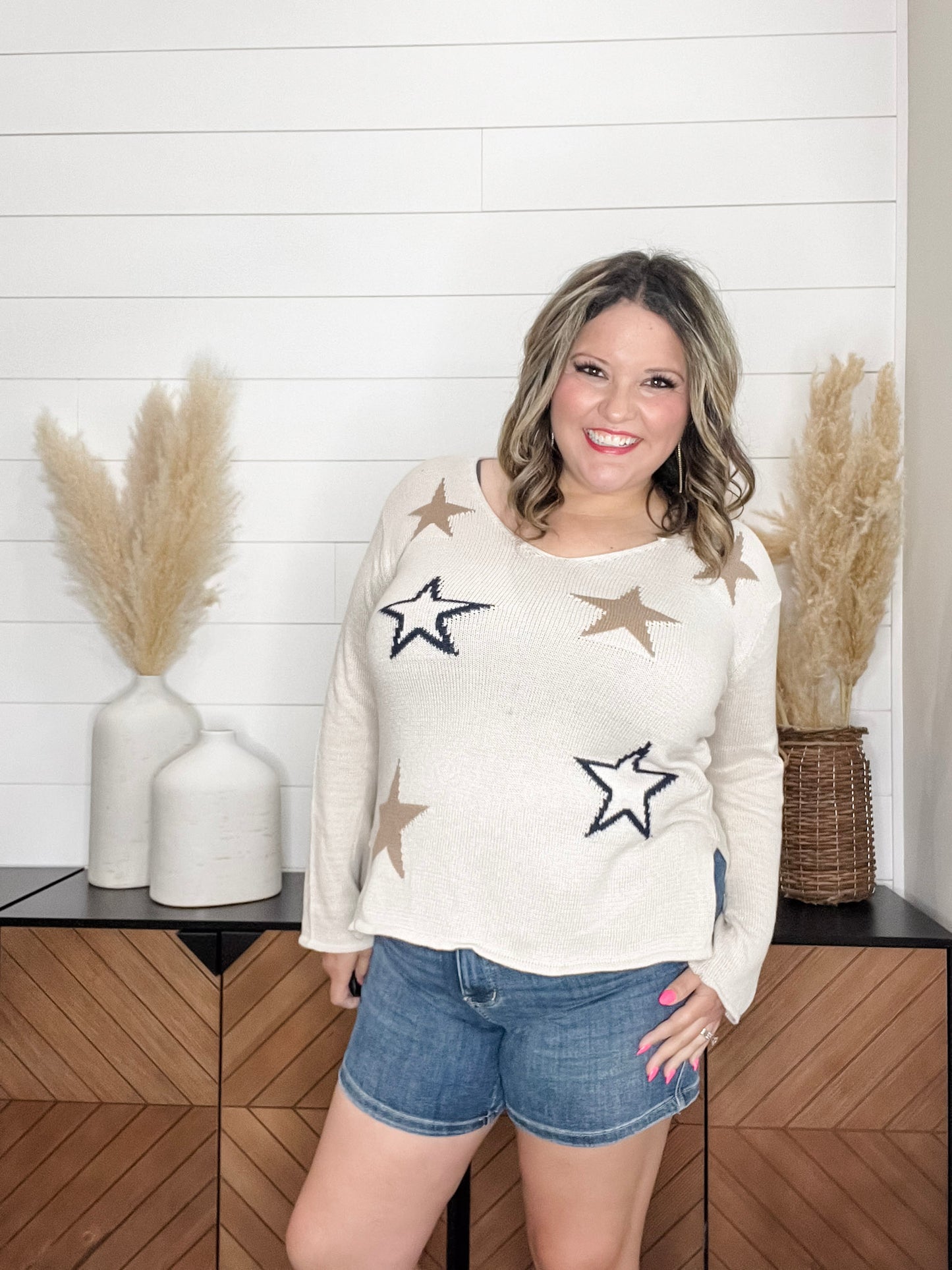 "Night Owl"  Star Printed U Neck Sweater