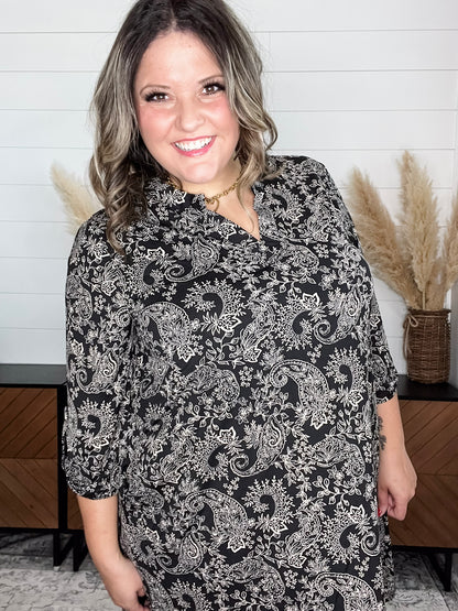 Dear Scarlett "Nickel" 3/4 Sleeve Split Neck Dress with Pockets