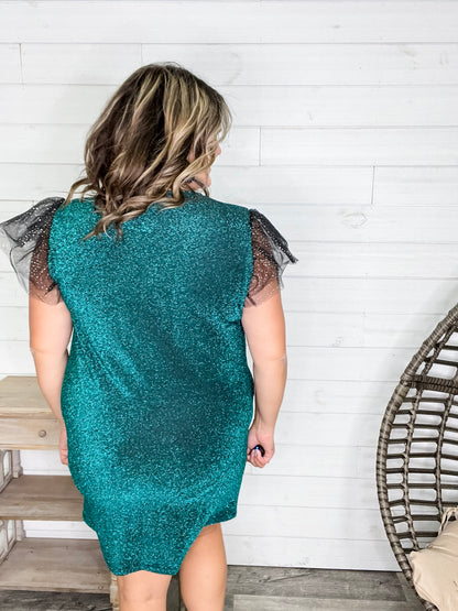 "Lark" Butterfly Sleeve Sparkle Dress with Pockets