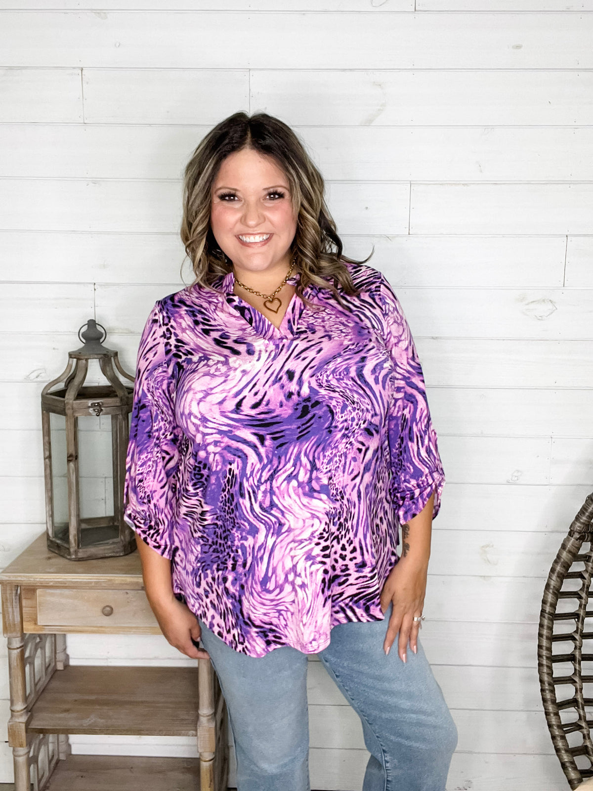 Dear Scarlett "Memo" Animal Print Lizzy 3/4 Sleeve Split Neck