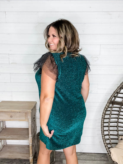 "Lark" Butterfly Sleeve Sparkle Dress with Pockets