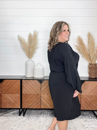 "Borderline" Long Sleeve V Neck Dress with Drawstring Waist (Black)
