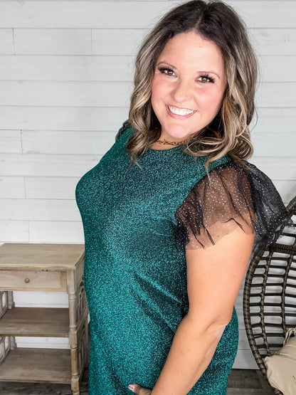 "Lark" Butterfly Sleeve Sparkle Dress with Pockets