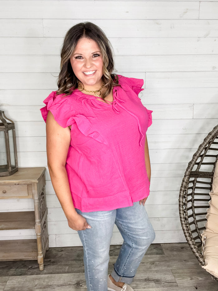 "Wheatland" Ruffle Cap V Neck with Tie Detail (Hot Pink)