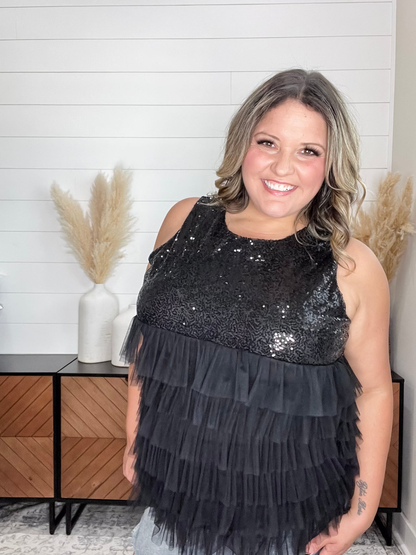 "On The Town" Sequined Ruffle Tank