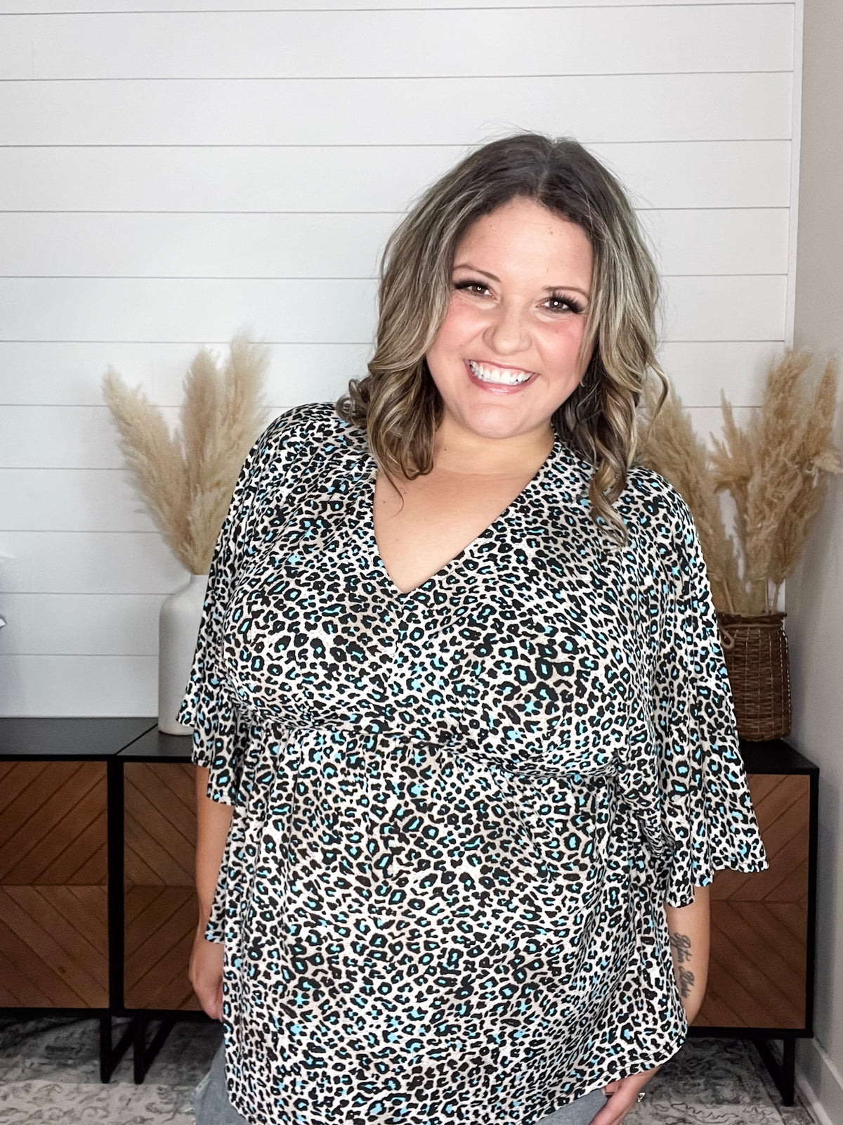 Dear Scarlett "Not This Time" Animal Print V Neck 3/4 Bell Sleeve