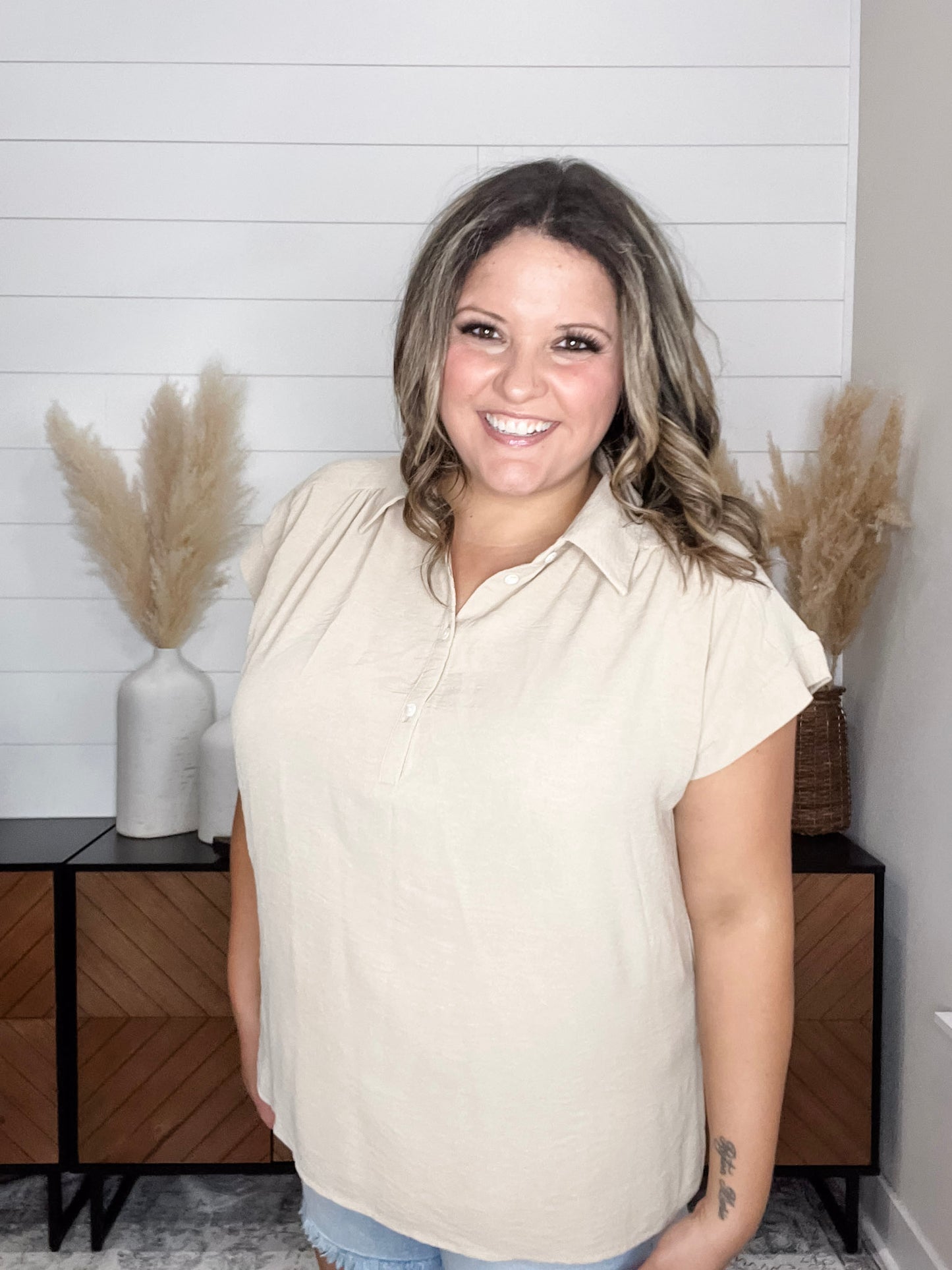 "Bailee" Collared Cap Sleeve Blouse with Front Buttons (Taupe)