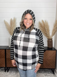"Crystal" Light Weight Hoodie with Stripe Sleeve (Black & White Plaid)