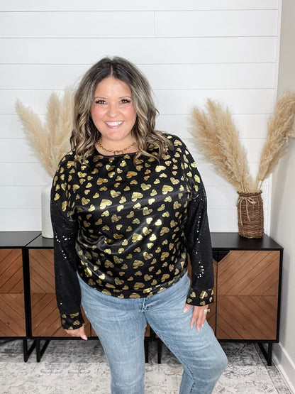 "Golden" Long Sequin Sleeved Top with Foil Hearts