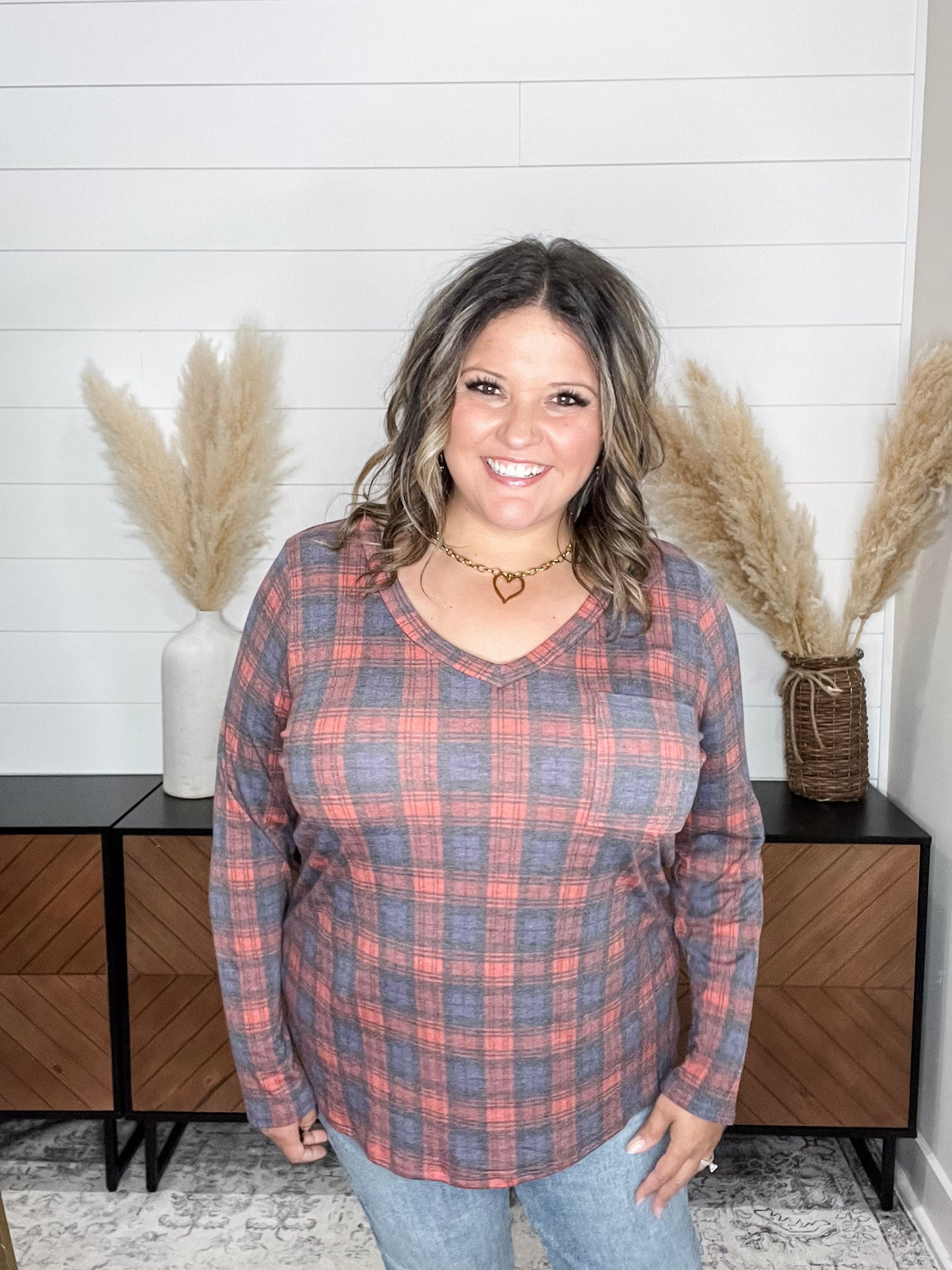 "In To It" Long Sleeve Plaid V Neck with Chest Pocket
