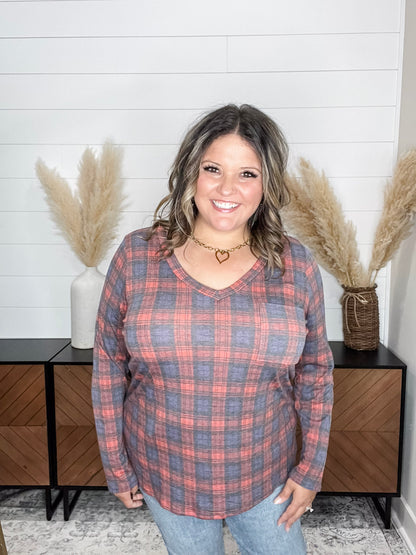 "In To It" Long Sleeve Plaid V Neck with Chest Pocket