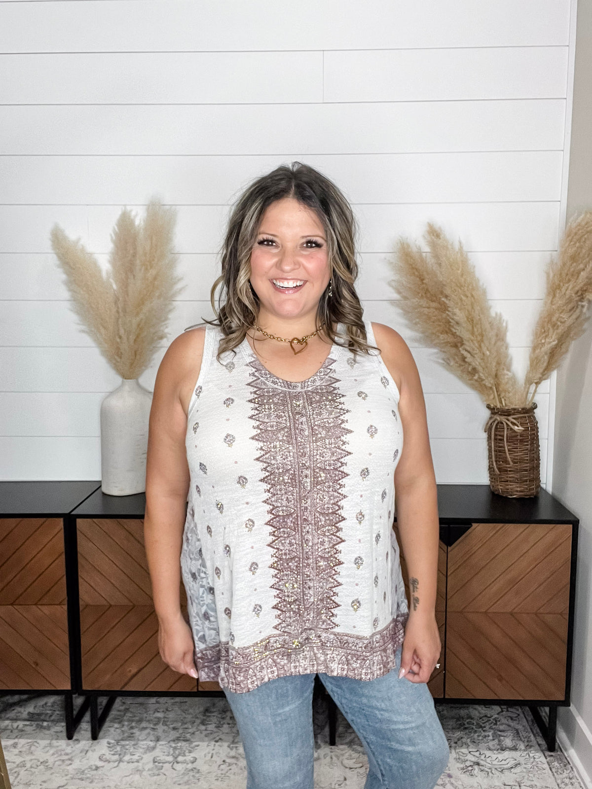 "It's A Date" Bejeweled with Lace Inserts V Neck Tank Top
