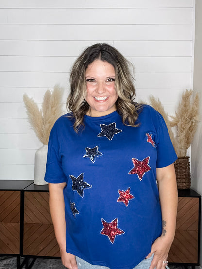 "Is Born" Sequin & Rhinestone Stars Short Sleeve