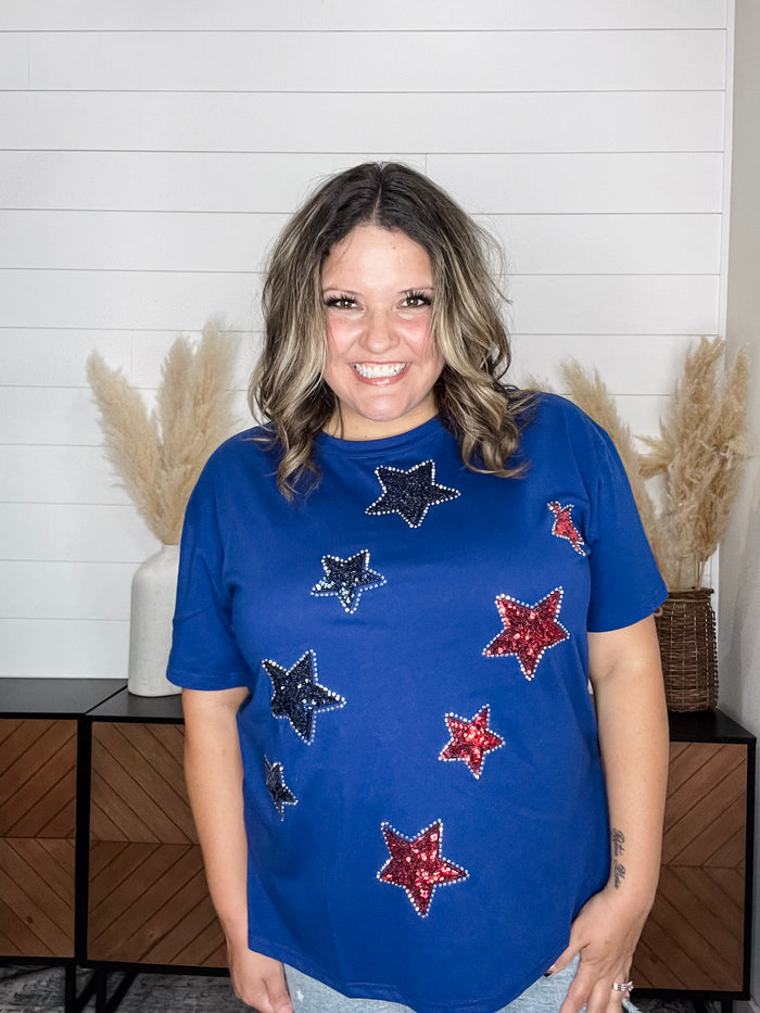 "Is Born" Sequin & Rhinestone Stars Short Sleeve