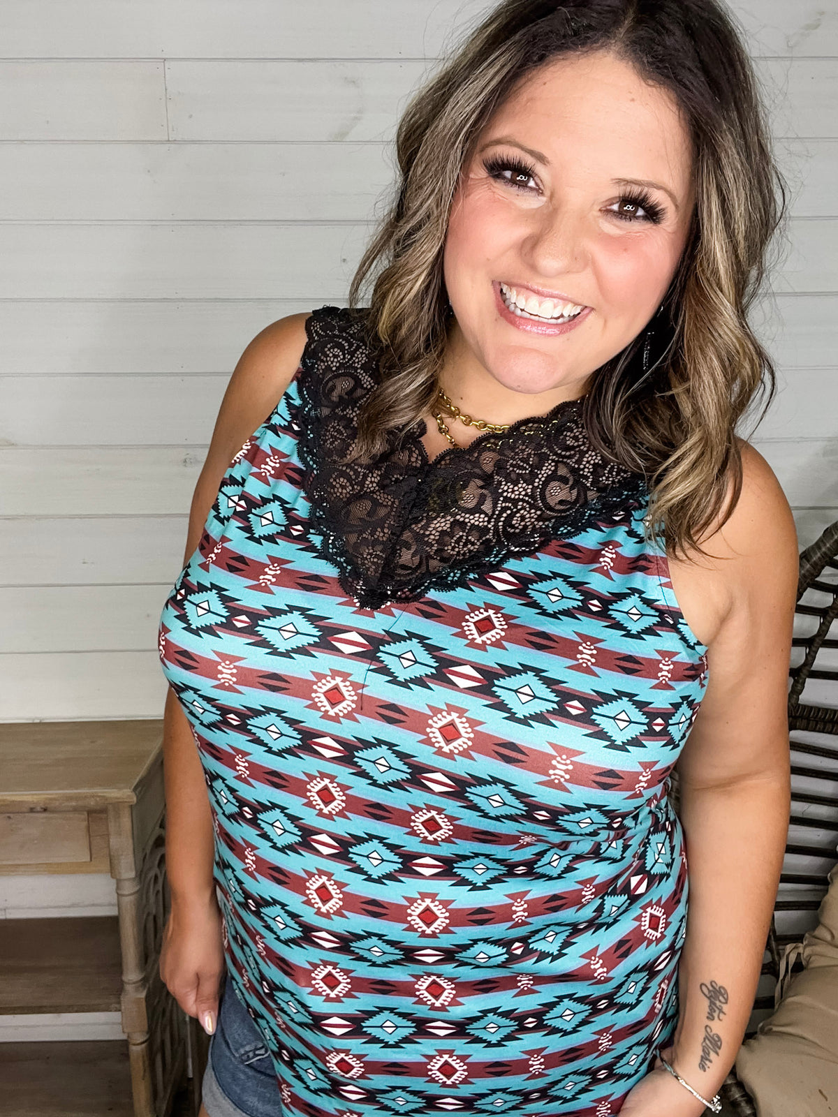"Turner" Aztec Print Lace Detail Tank