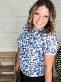 Shirley and Stone "Blue Floral" Short Sleeve Mesh Top