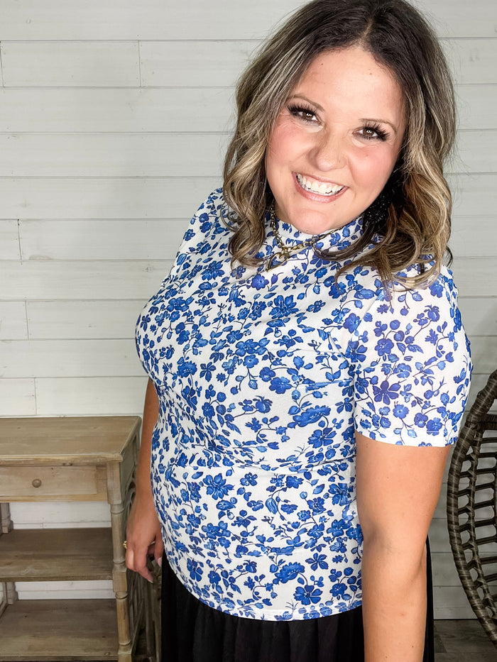 Shirley and Stone "Blue Floral" Short Sleeve Mesh Top