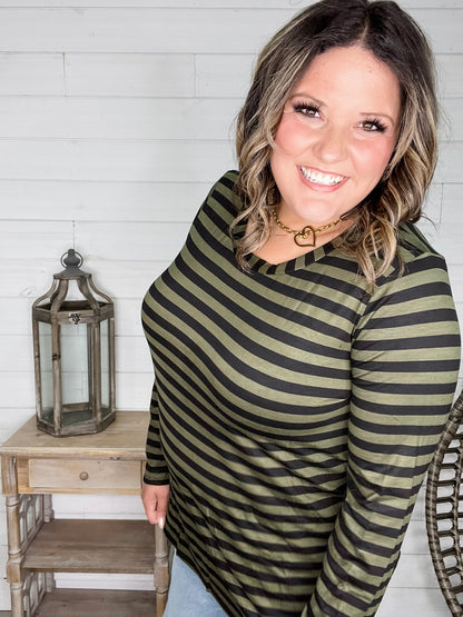 "Got Me" Long Sleeve Striped Top (Green Black)