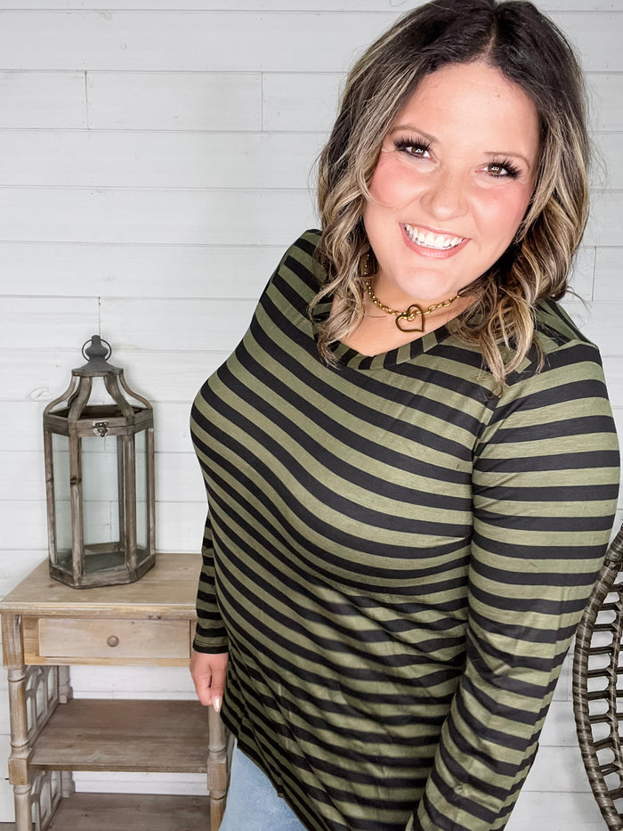 "Got Me" Long Sleeve Striped Top (Green Black)