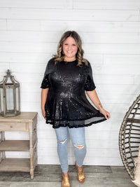 "Caught A Glimpse" Sequined Ruffle Hem and Sleeve (Black)