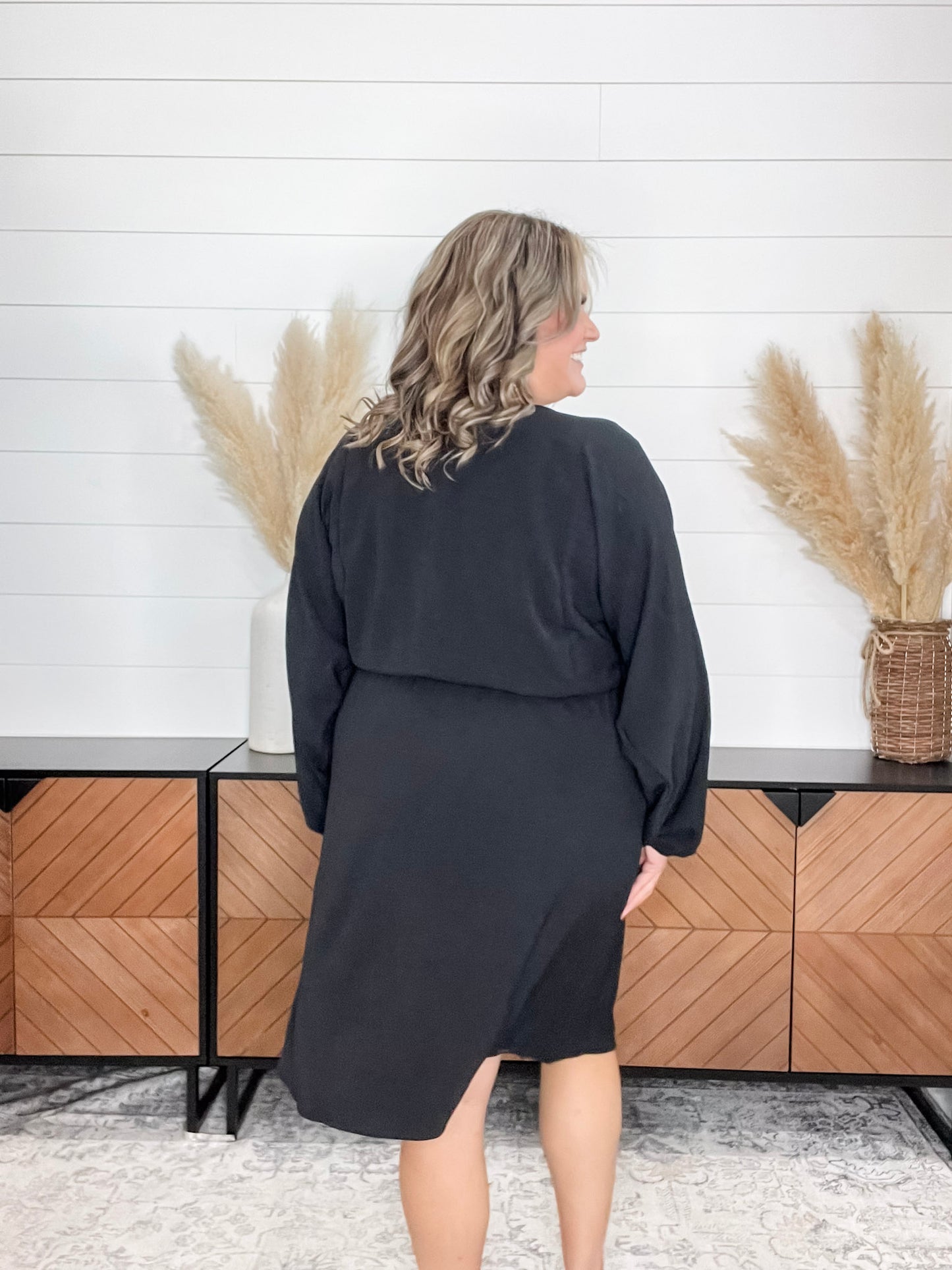 "Borderline" Long Sleeve V Neck Dress with Drawstring Waist (Black)
