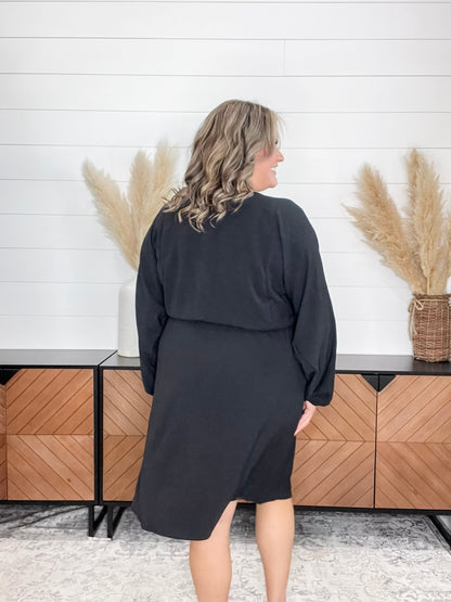 "Borderline" Long Sleeve V Neck Dress with Drawstring Waist (Black)