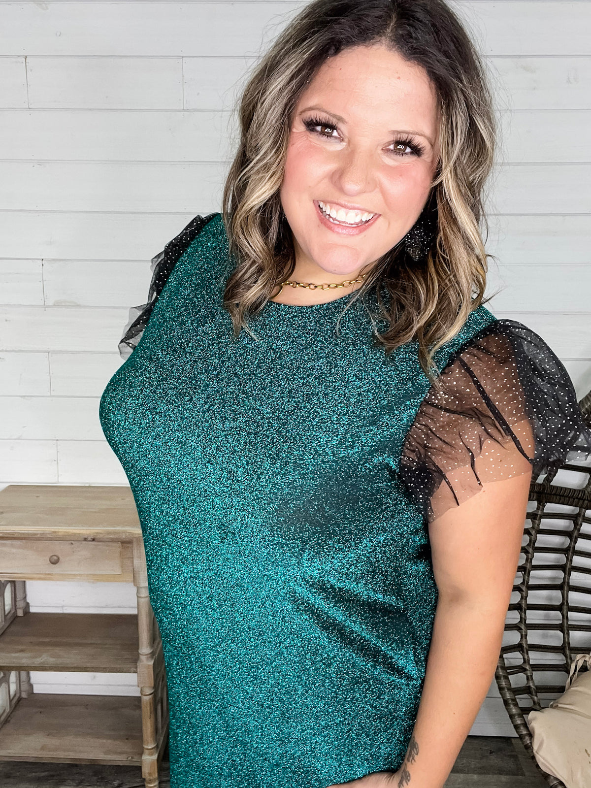 "Lark" Butterfly Sleeve Sparkle Dress with Pockets