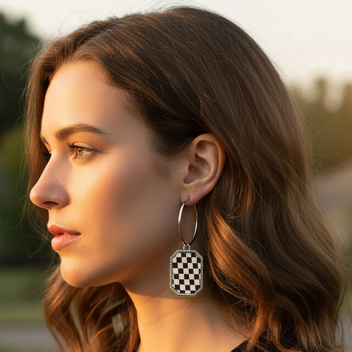 Hoop Earrings with Checkered Print Charm