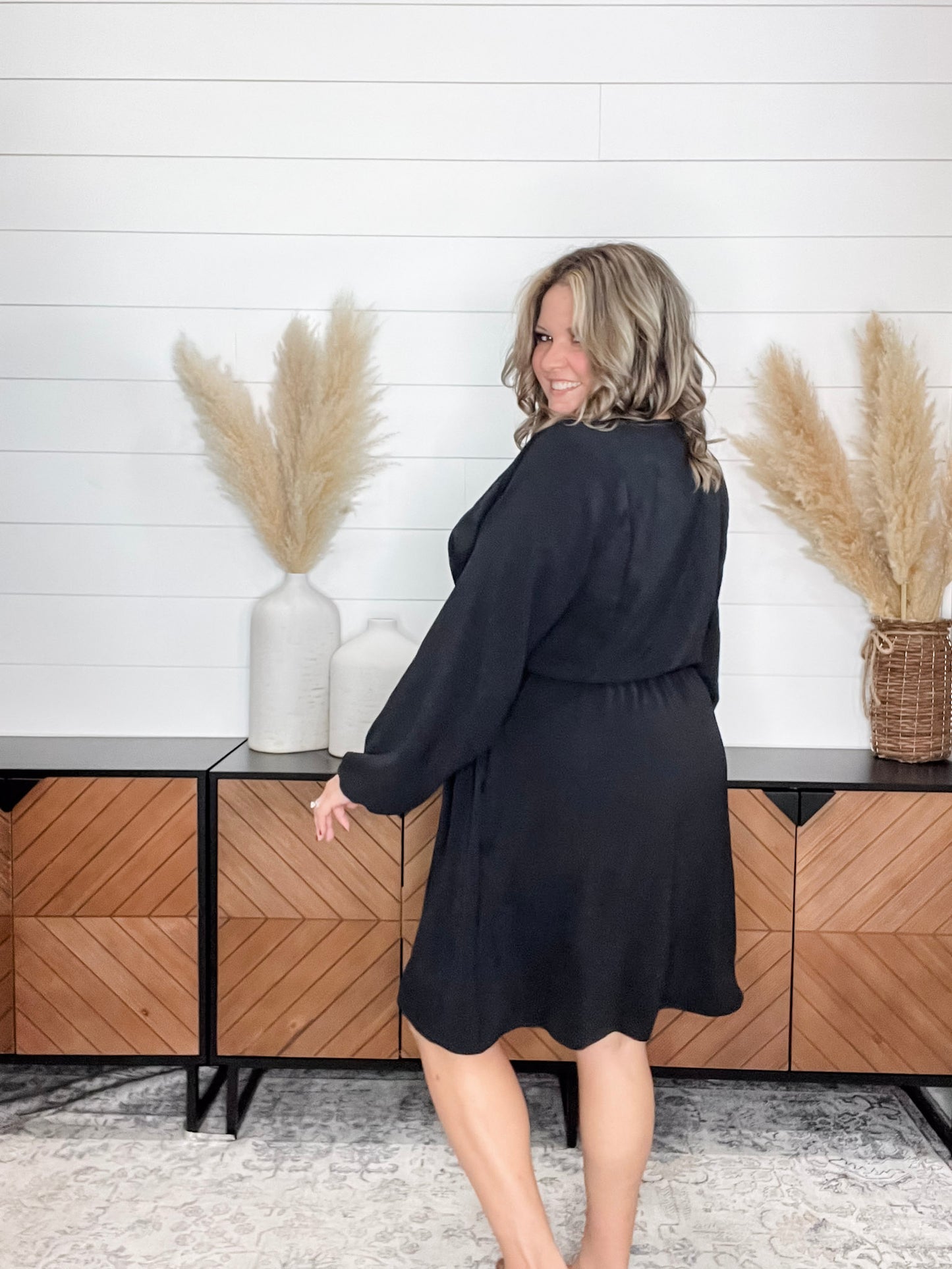 "Borderline" Long Sleeve V Neck Dress with Drawstring Waist (Black)