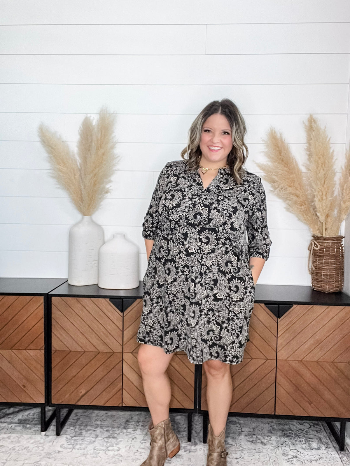 Dear Scarlett "Nickel" 3/4 Sleeve Split Neck Dress with Pockets