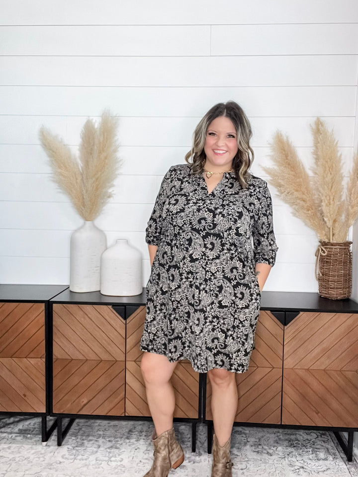 Dear Scarlett "Nickel" 3/4 Sleeve Split Neck Dress with Pockets