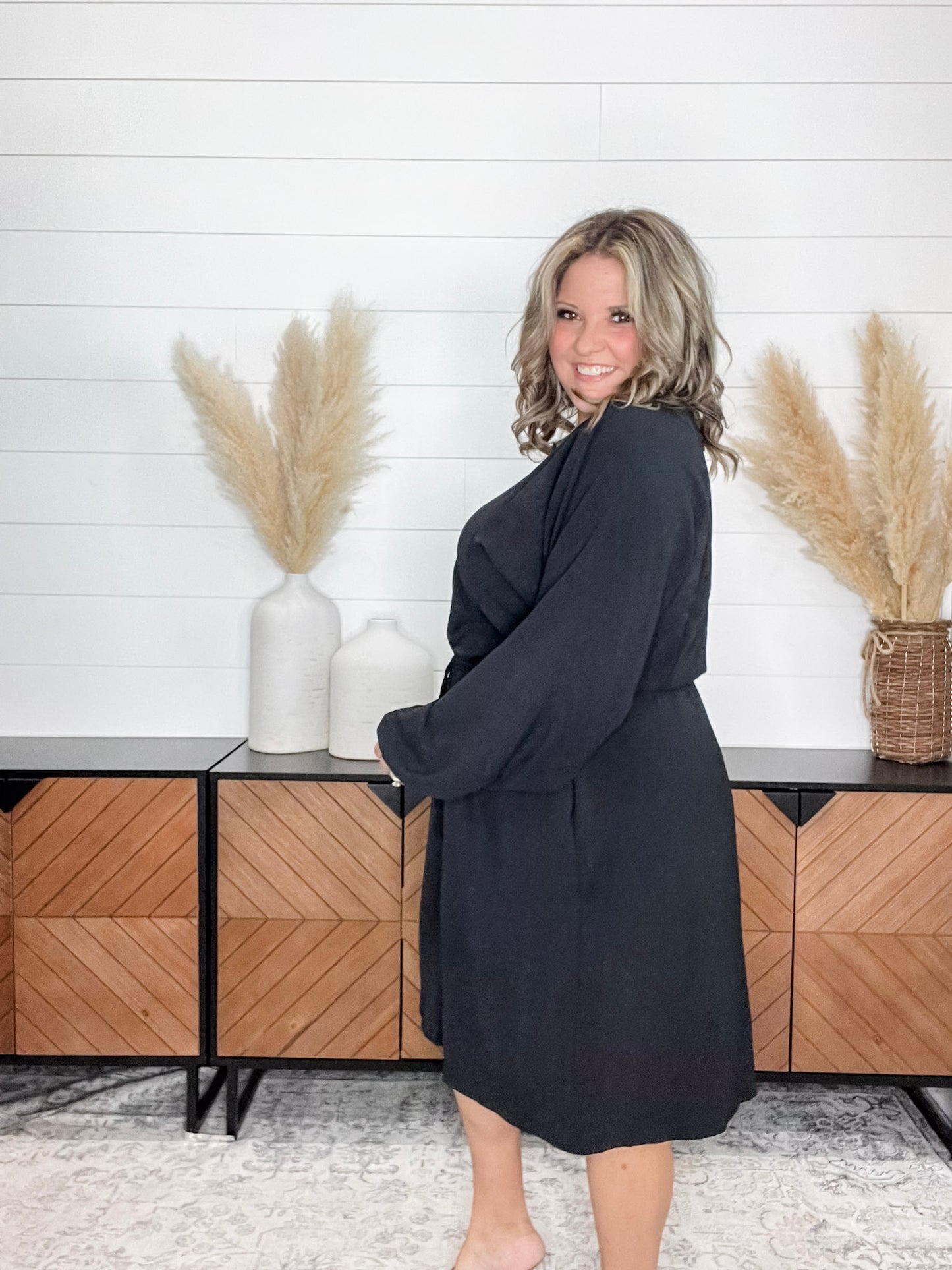 "Borderline" Long Sleeve V Neck Dress with Drawstring Waist (Black)