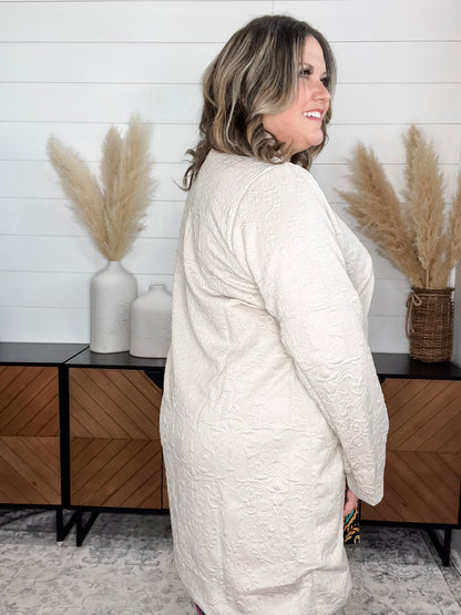 "Amara" Jacquard Midi Coat with Pockets (Oatmeal)