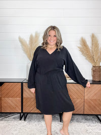 "Borderline" Long Sleeve V Neck Dress with Drawstring Waist (Black)
