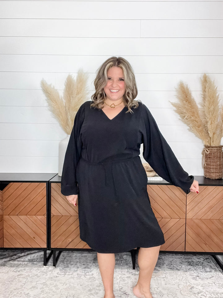 "Borderline" Long Sleeve V Neck Dress with Drawstring Waist (Black)